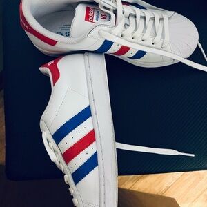 Adidas White Sneakers with Red and Blue Accents